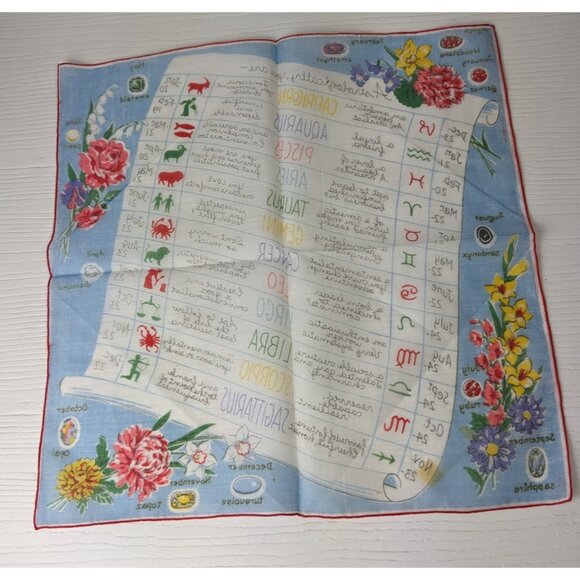 Vintage Handkerchief 1950’s Burmel Astrological Zodiac Signs chart floral 13 in - Picture 5 of 6